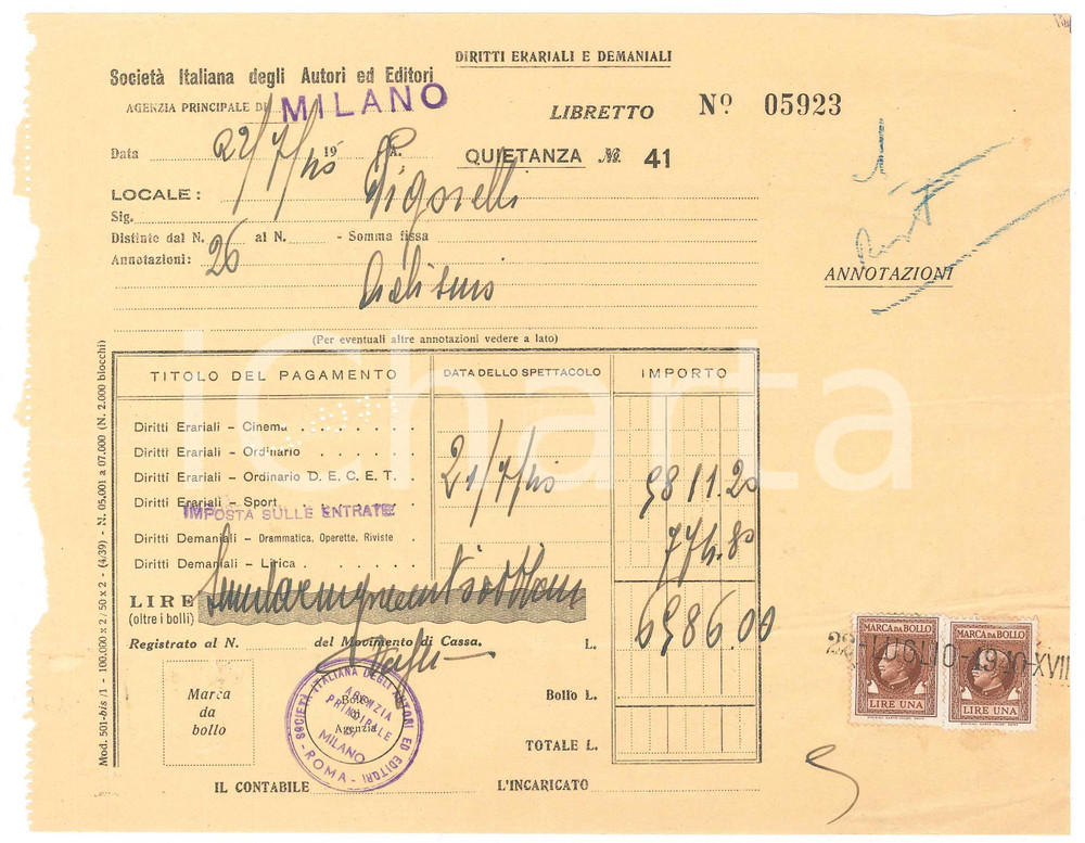 Documento originale, autentico 1940 MILANO  VIGORELLI Quietanza SIAE eventi CICLISMO  21x17 cm 1 1