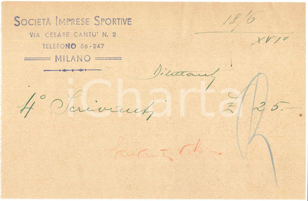 Autografo originale 1938 CICLISMO MILANO Ricevuta Vittorio SCRIVANTI per ingaggio  AUTOGRAFO 1