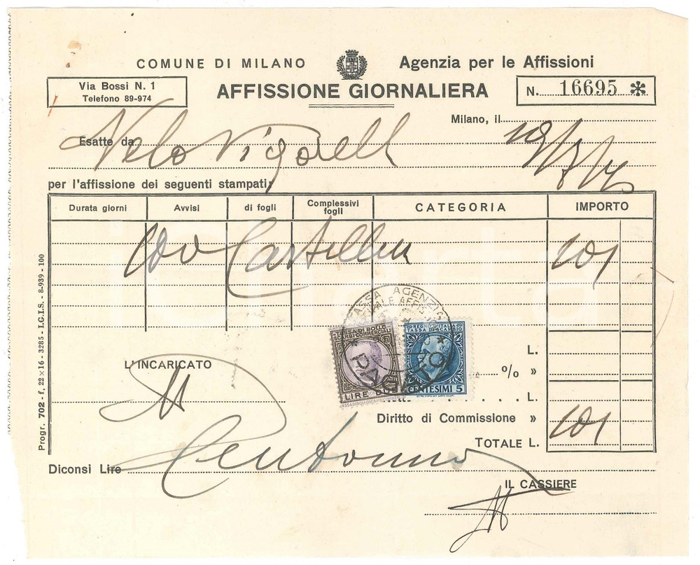 Documento originale, autentico 1940 MILANO Agenzia Affissioni  Ricevuta Velodromo VIGORELLI 19x16 cm 1