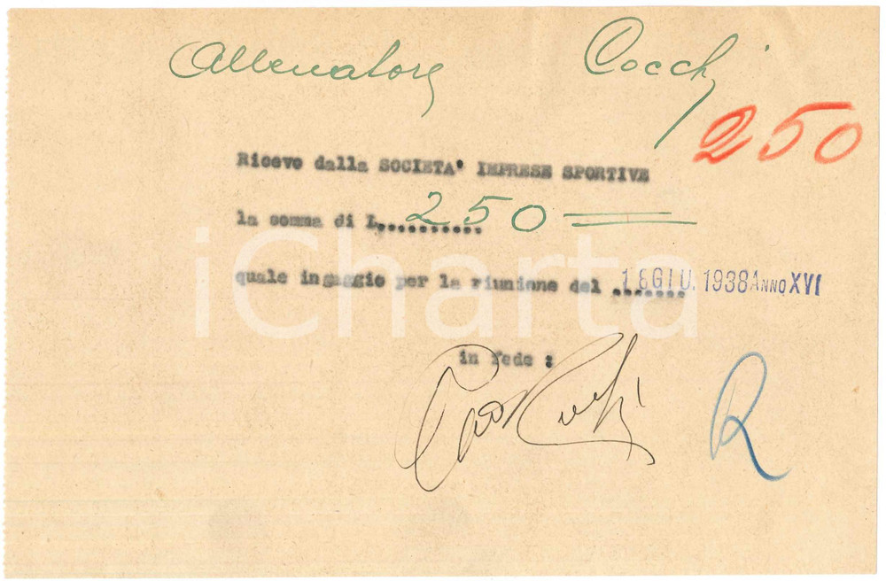 Autografo originale 1938 CICLISMO MILANO Ricevuta allenatore Giovanni COCCHI per ingaggio AUTOGRAFO 1