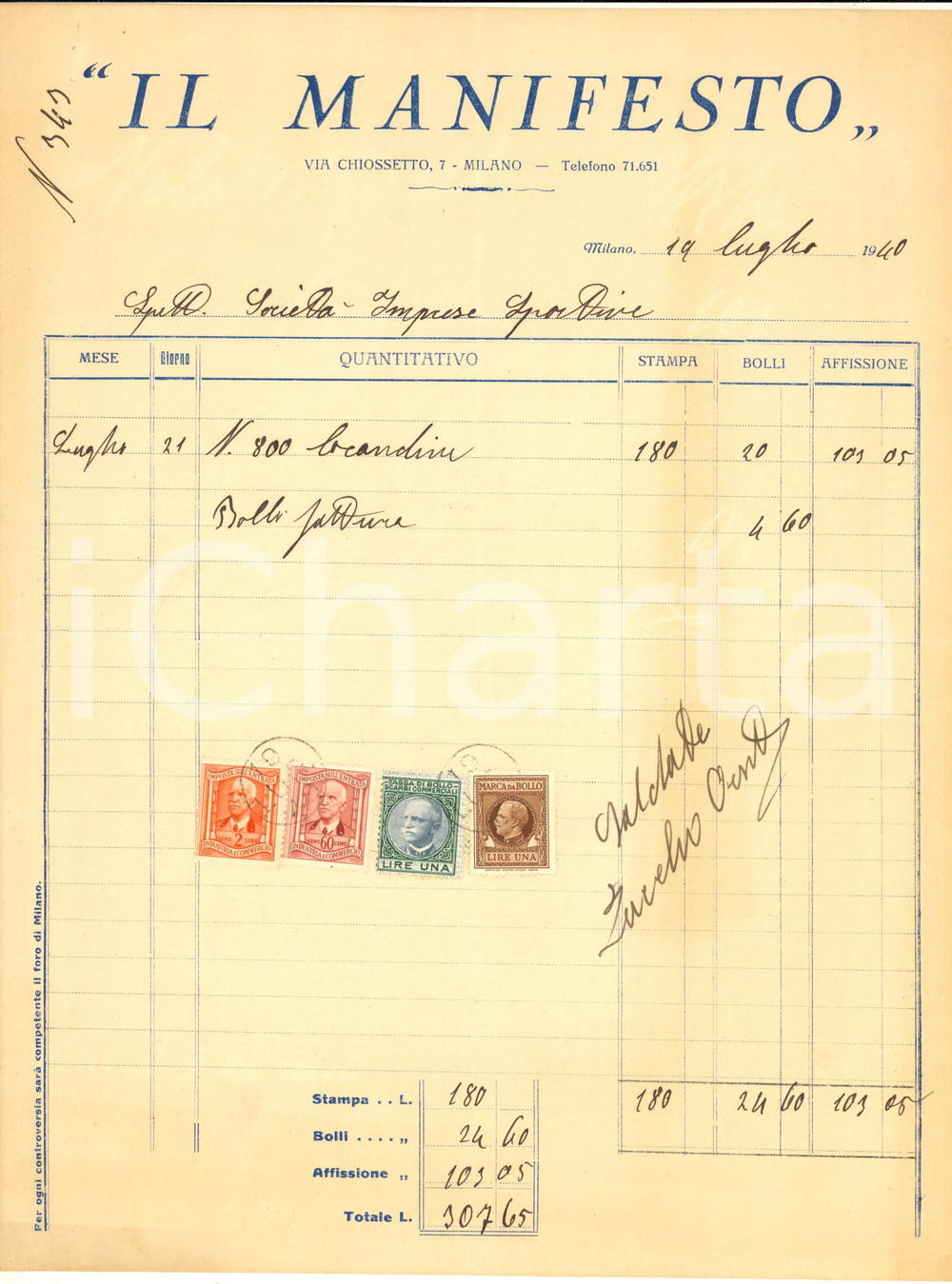 Documento originale, autentico 1940 MILANO Tipografia IL MANIFESTO  Fattura locandine CICLISMO Vigorelli 1 1