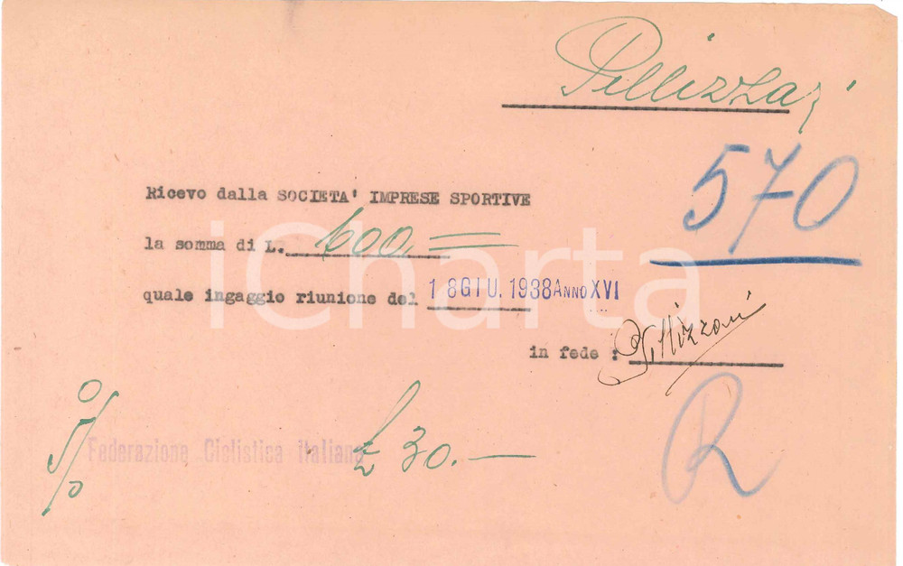Autografo originale 1938 CICLISMO MILANO Ricevuta Bruno PELLIZZARI per ingaggio  AUTOGRAFO 1