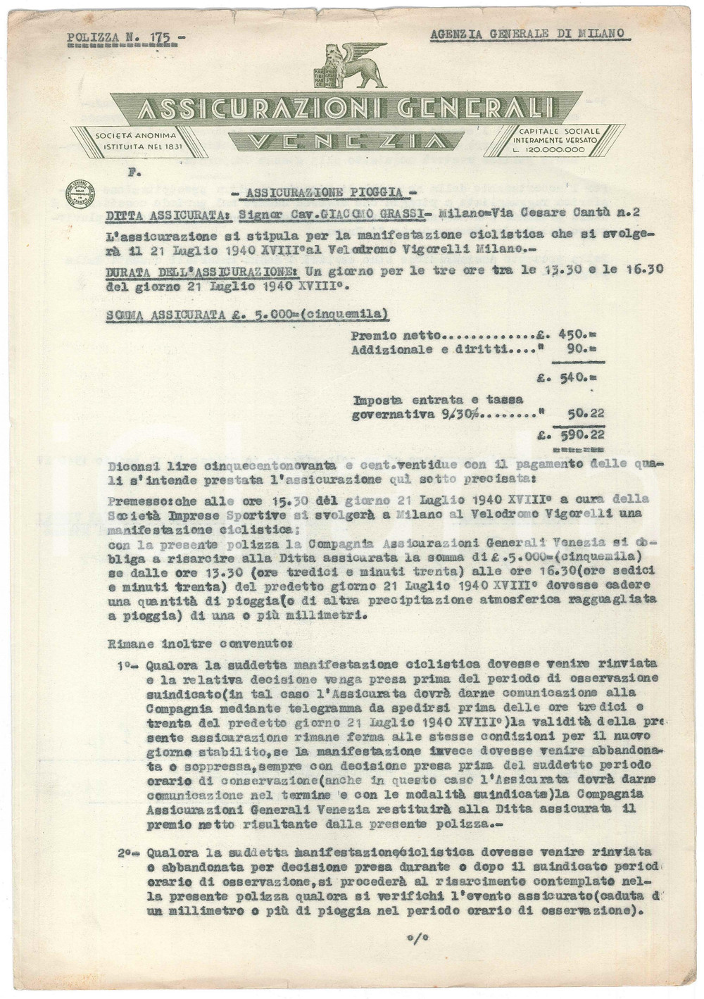 Documento originale, autentico 1940 ASSICURAZIONI GENERALI VENEZIA Assicurazione pioggia gara CICLISMO 1 1