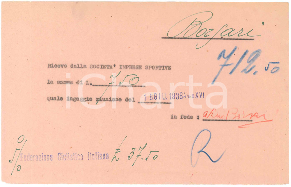 Autografo originale 1938 CICLISMO MILANO Ricevuta NIno BORSARI ingaggio al Vigorelli  AUTOGRAFO 1