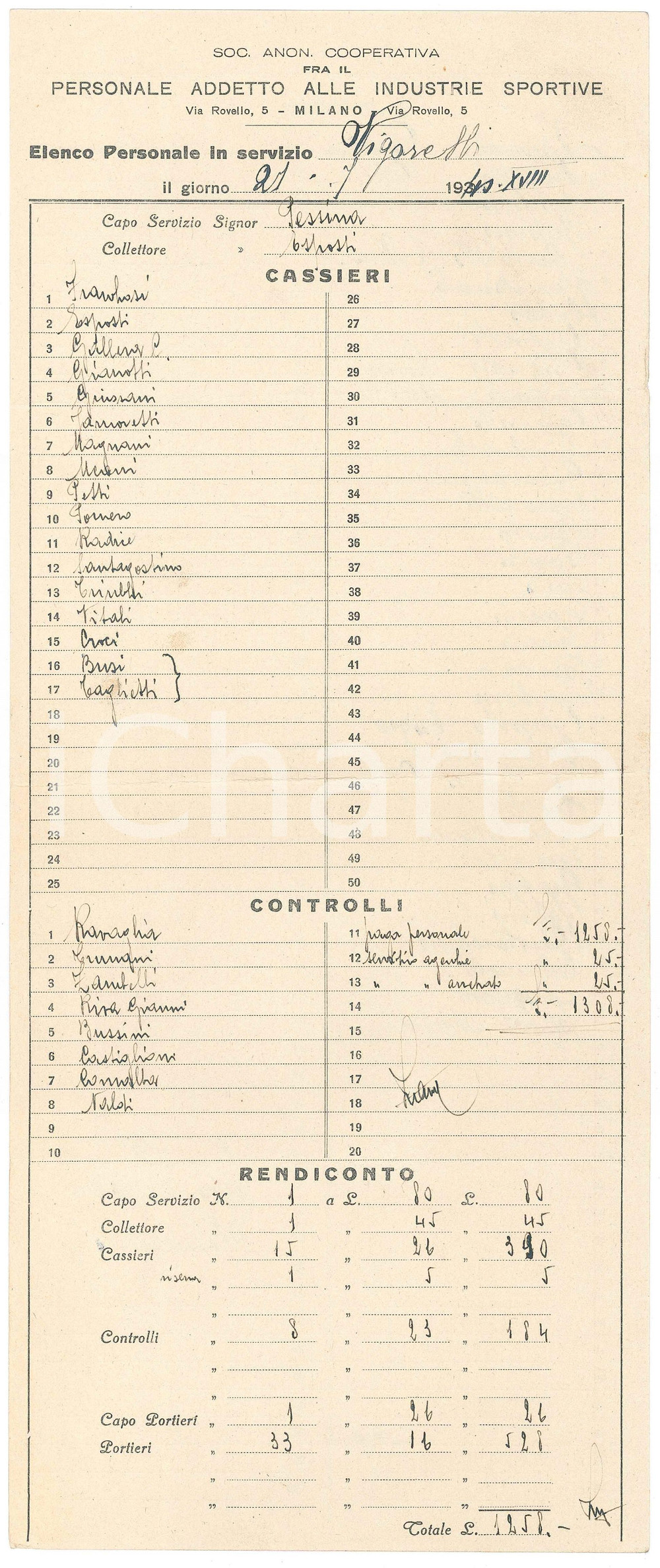 Documento originale, autentico 1938 MILANO VIGORELLI Cooperativa personale industrie sportive Foglio presenze 1