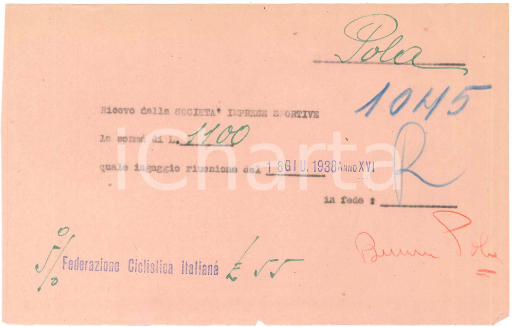 Autografo originale 1938 CICLISMO MILANO Ricevuta Benedetto POLA per ingaggio  AUTOGRAFO 1