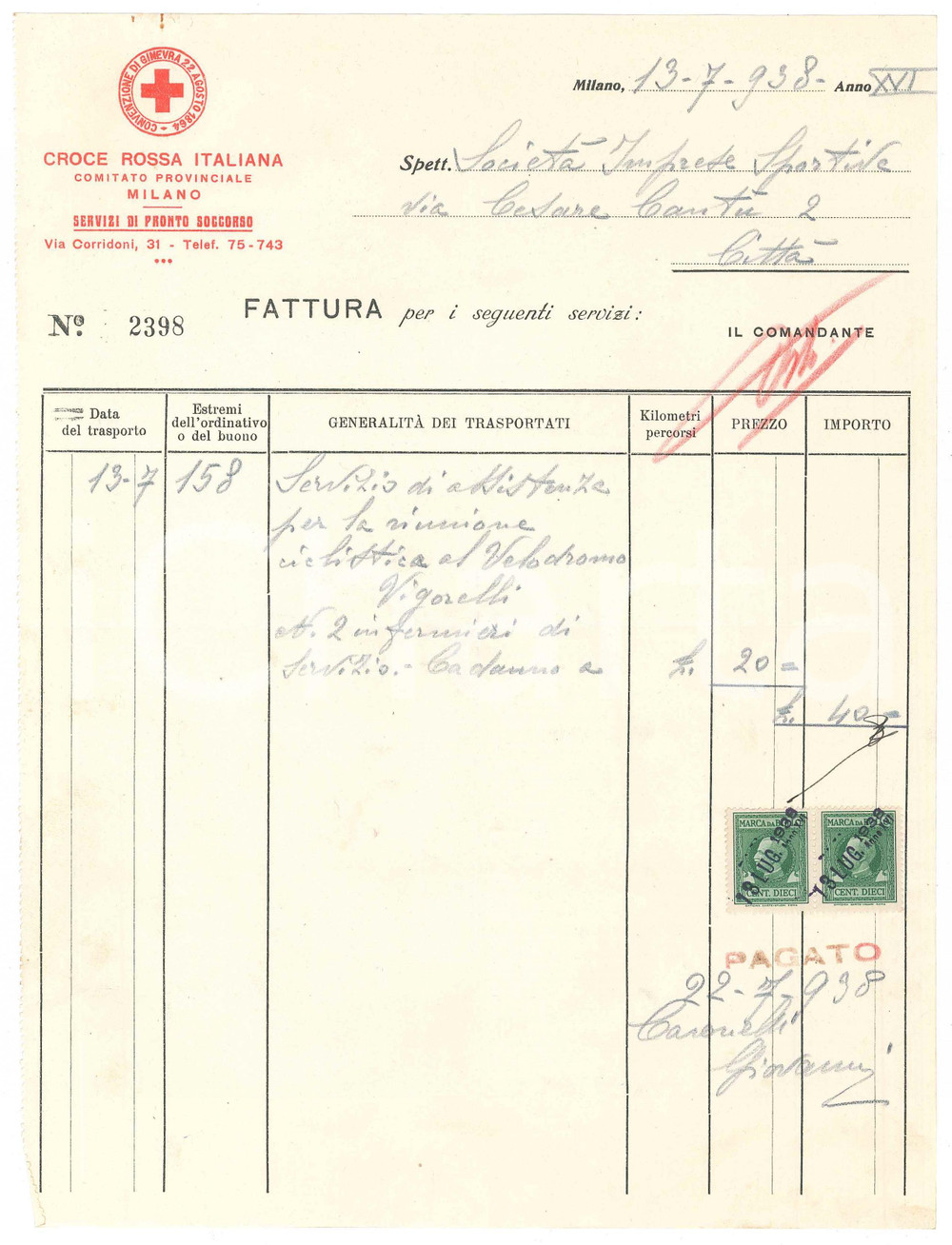Documento originale, autentico 1938 MILANO CROCE ROSSA ITALIANA  Fattura per assistenza CICLISMO Vigorelli 1