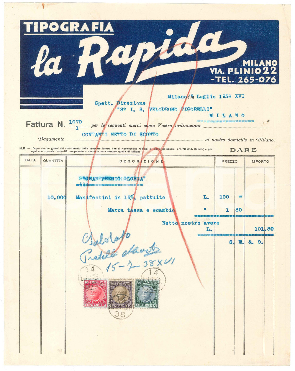 Documento originale, autentico 1938 MILANO Tipografia LA RAPIDA  Fattura manifestini CICLISMO Vigorelli 1