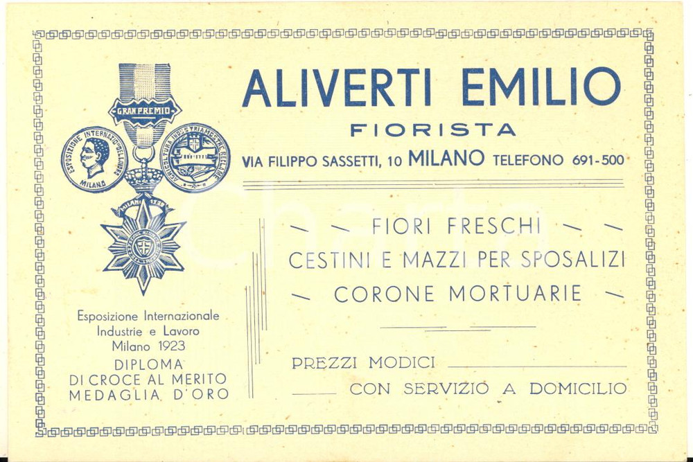Materiale pubblicitario d’epoca 1938 MILANO via Sassetti  Fiorista ALIVERTI Emilio Biglietto pubblicitario 1