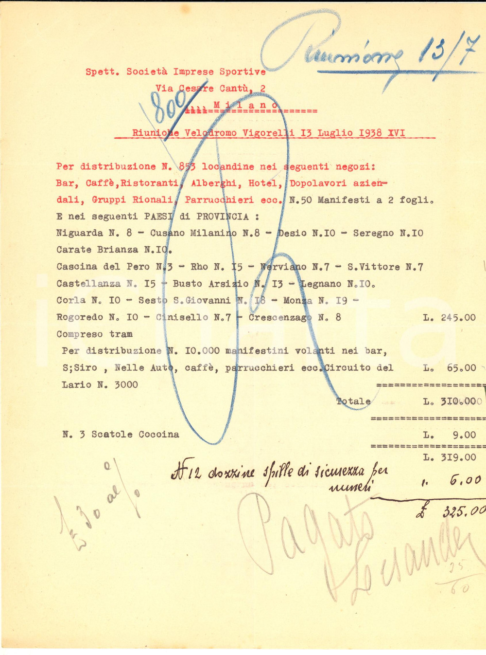 Documento originale, autentico 1938 MILANO CICLISMO Velodromo Vigorelli  Conto per distribuzione locandine 1