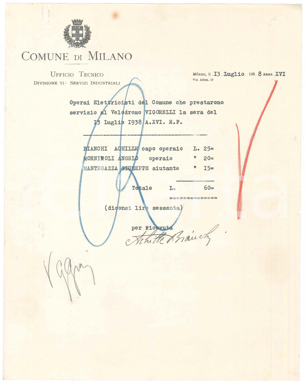 Documento originale, autentico 1938 MILANO CICLISMO Velodromo Vigorelli  Conto elettricisti per una gara 1