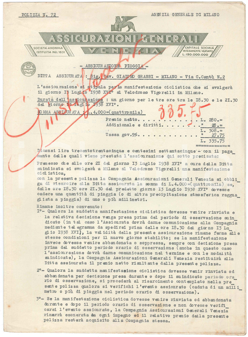 Documento originale, autentico 1938 ASSICURAZIONI GENERALI VENEZIA Assicurazione pioggia per gara CICLISMO 1