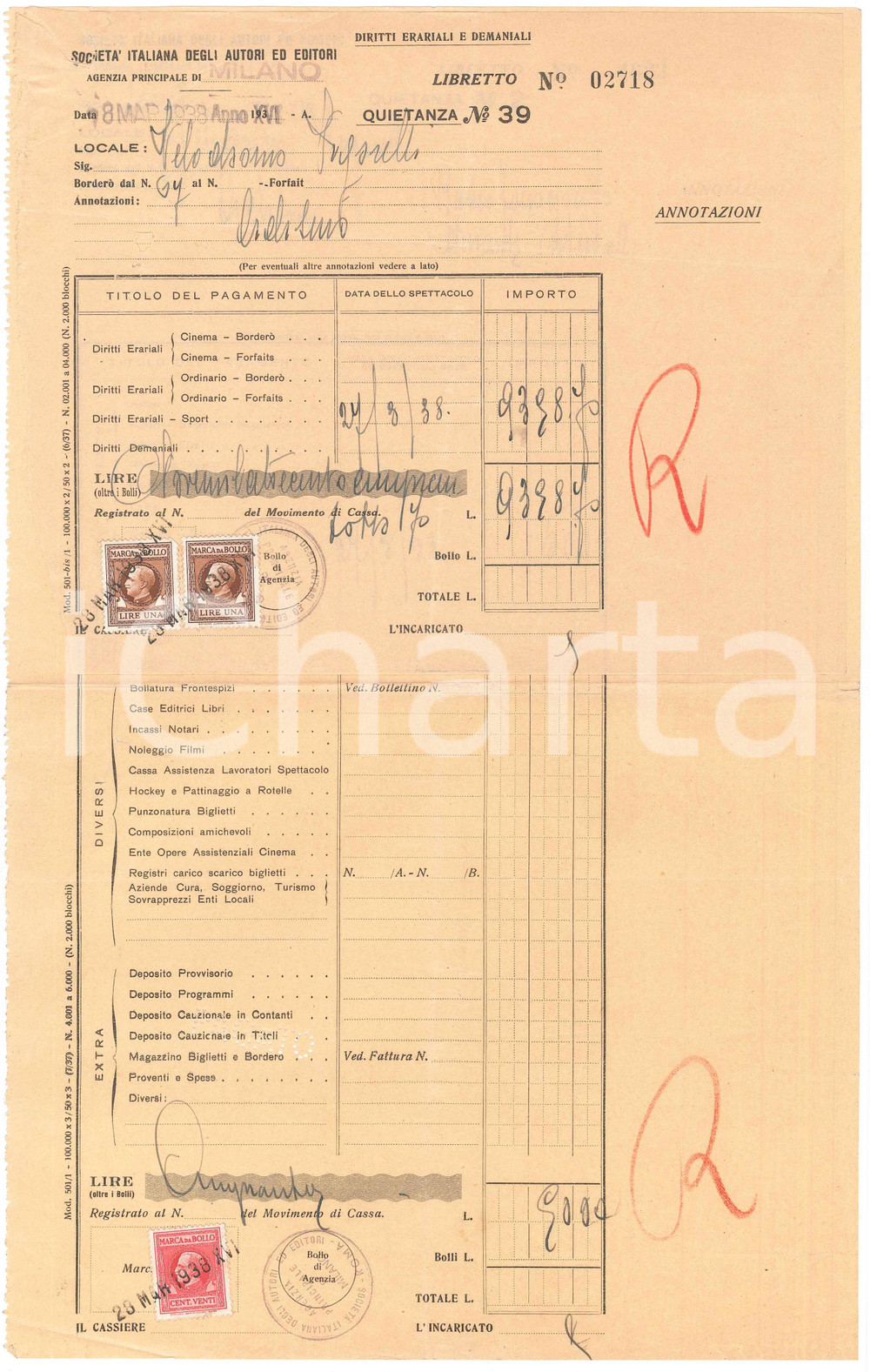 Documento originale, autentico 1938 MILANO  VIGORELLI Quietanze SIAE per eventi CICLISMO  21x34 cm 7 1