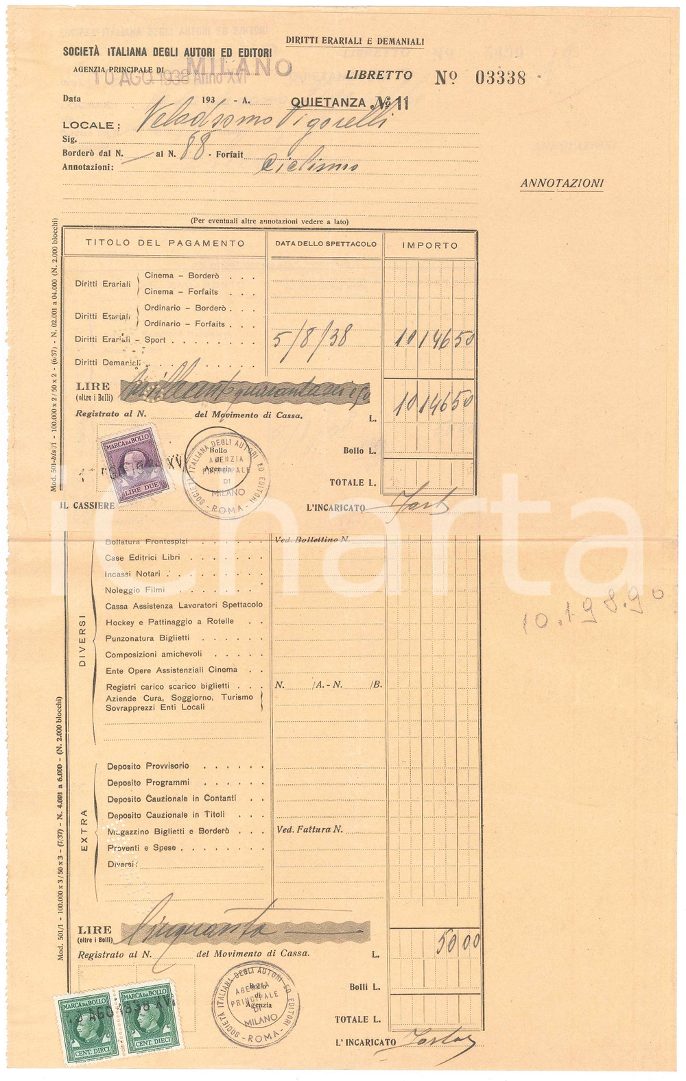 Documento originale, autentico 1938 MILANO  VIGORELLI Quietanze SIAE per eventi CICLISMO  21x34 cm 5 1