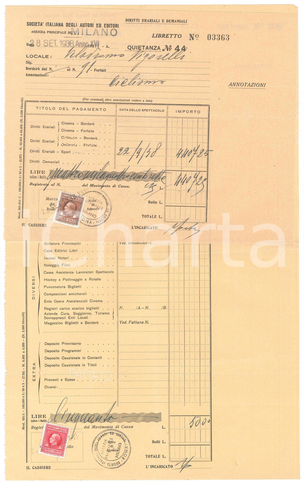 Documento originale, autentico 1938 MILANO  VIGORELLI Quietanze SIAE per eventi CICLISMO  21x34 cm 4 1