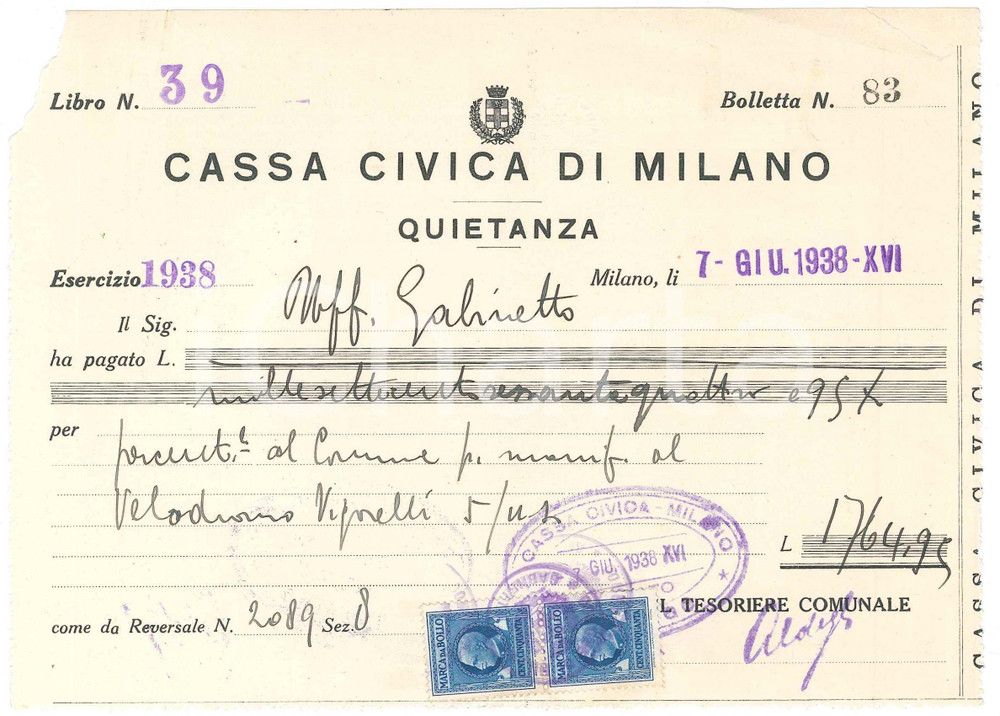 Documento originale, autentico 1938 MILANO Cassa Civica  Ricevuta a Velodromo VIGORELLI 19x14 cm 1