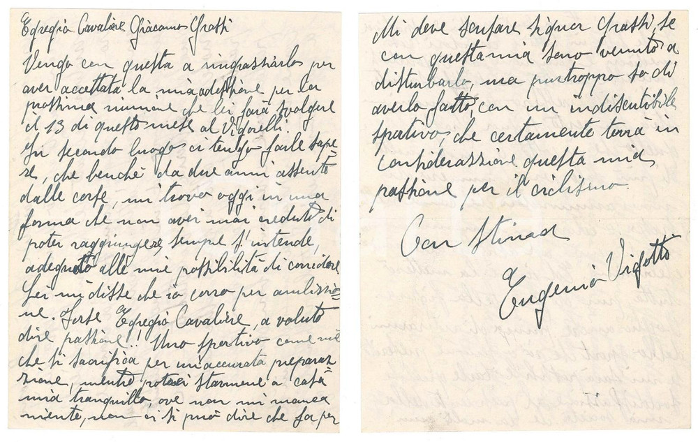 Autografo originale 1940 ca CICLISMO Eugenio VIGOTTI in forma incredibile per le gare  AUTOGRAFO 1