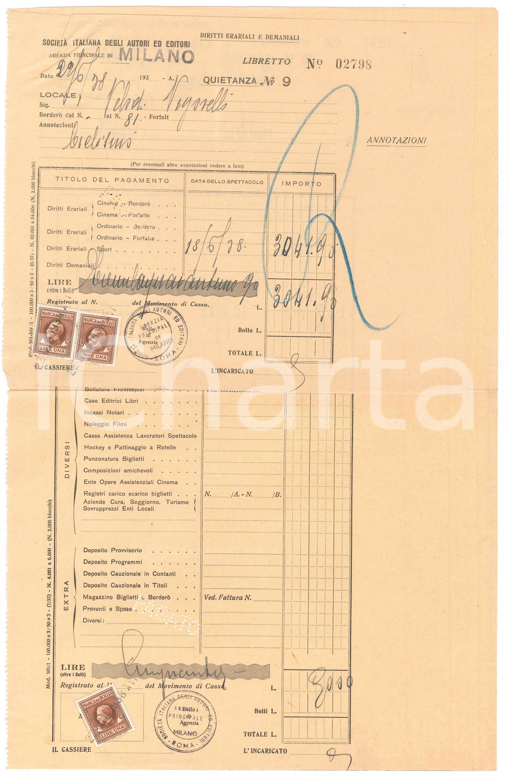 Documento originale, autentico 1938 MILANO  VIGORELLI Quietanze SIAE per eventi CICLISMO  21x34 cm 6 1