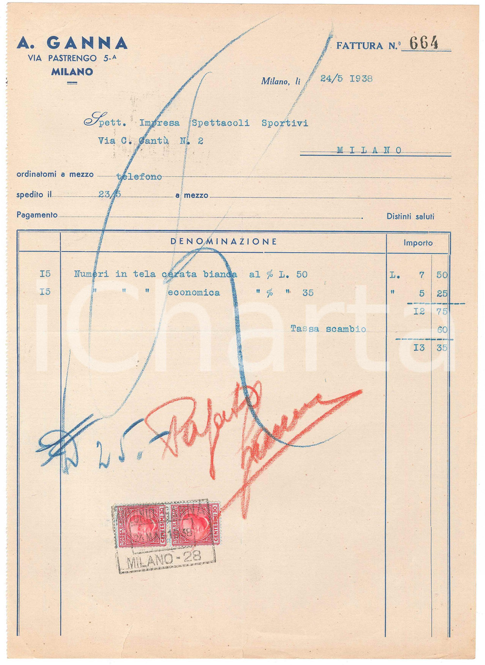 Documento originale, autentico 1938 MILANO Ditta Antonio GANNA  Fornitura numeri per gara ciclismo 1