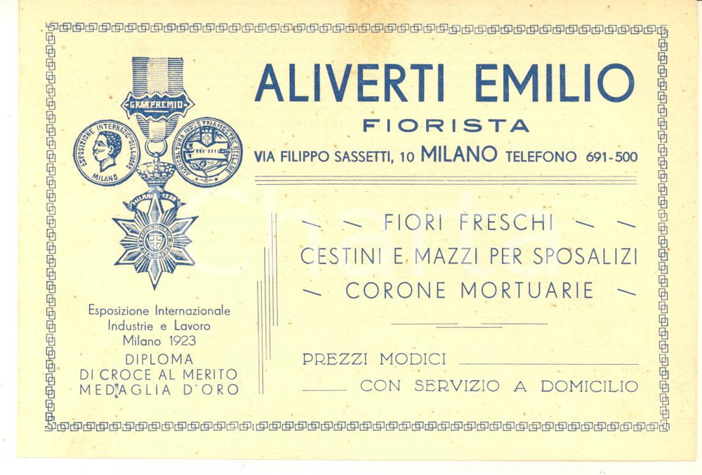 Materiale pubblicitario d’epoca 1938 MILANO via Sassetti  Fiorista ALIVERTI Emilio Biglietto pubblicitario 1