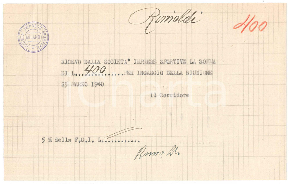 Autografo originale 1940 CICLISMO Milano Vigorelli  Ricevuta Pietro RIMOLDI per corsa AUTOGRAFO 1