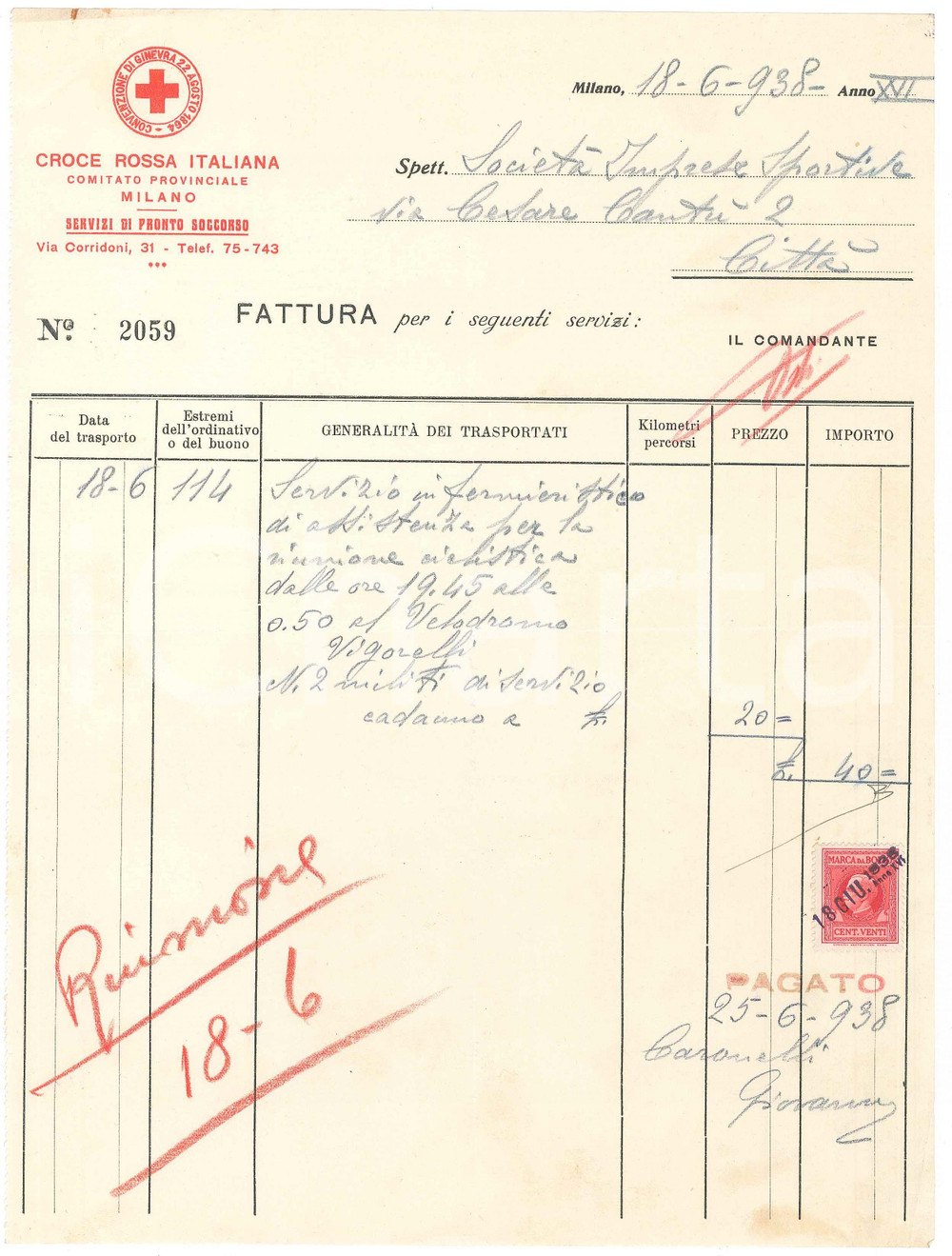 Documento originale, autentico 1938 MILANO CROCE ROSSA ITALIANA Fattura per assistenza gara CICLISMO Vigorelli 1