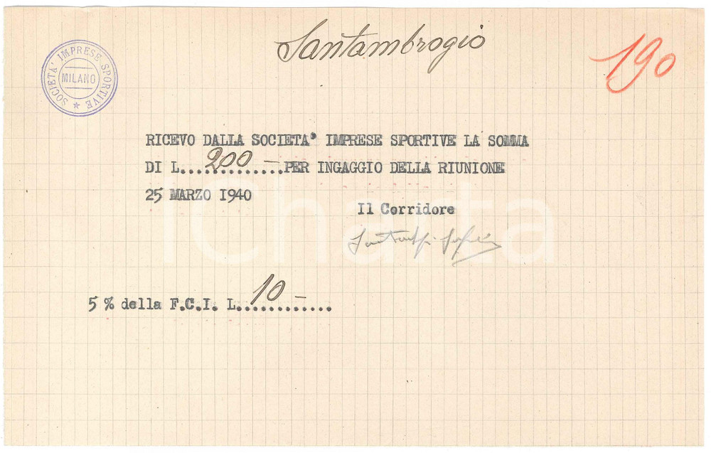 Autografo originale 1940 CICLISMO MILANO  Ricevuta Serafino SANTAMBROGIO per corsa AUTOGRAFO 1