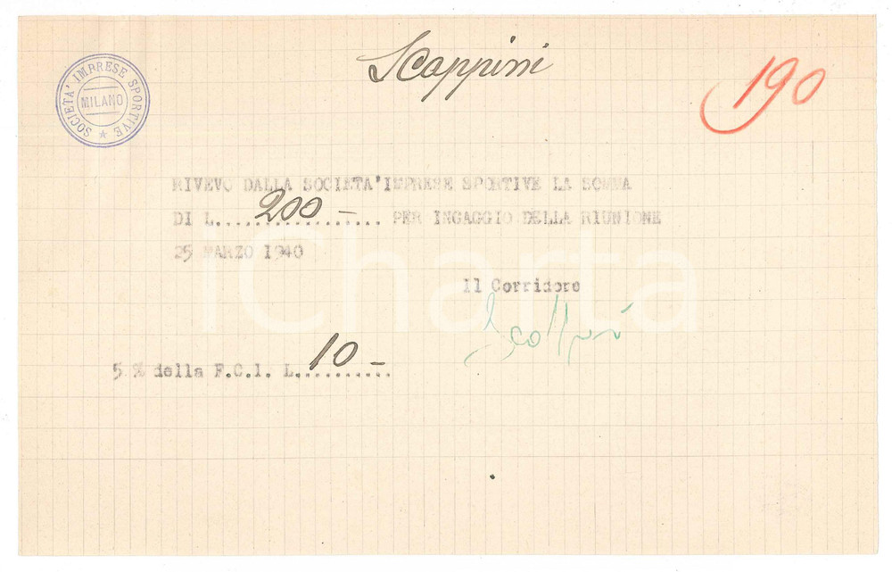 Autografo originale 1940 CICLISMO Milano Vigorelli  Ricevuta Edgar SCAPPINI per corsa AUTOGRAFO 1