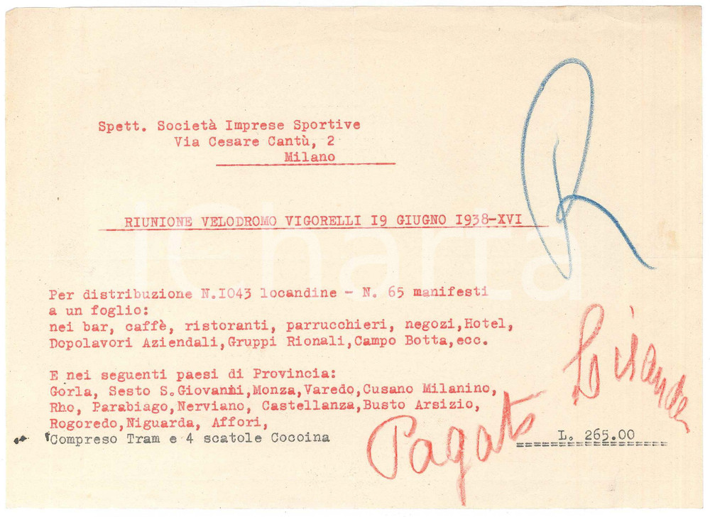 Documento originale, autentico 1938 MILANO CICLISMO Velodromo Vigorelli  Conto distribuzione locandine 1