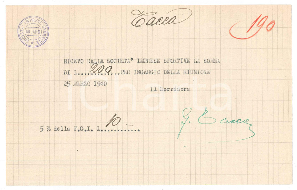 Autografo originale 1940 CICLISMO Milano Vigorelli  Ricevuta Giuseppe TACCA per corsa AUTOGRAFO 1