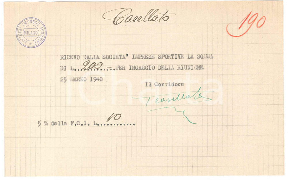 Autografo originale 1940 CICLISMO Milano Vigorelli  Ricevuta Tolmino CASELLATO per corsa AUTOGRAFO 1