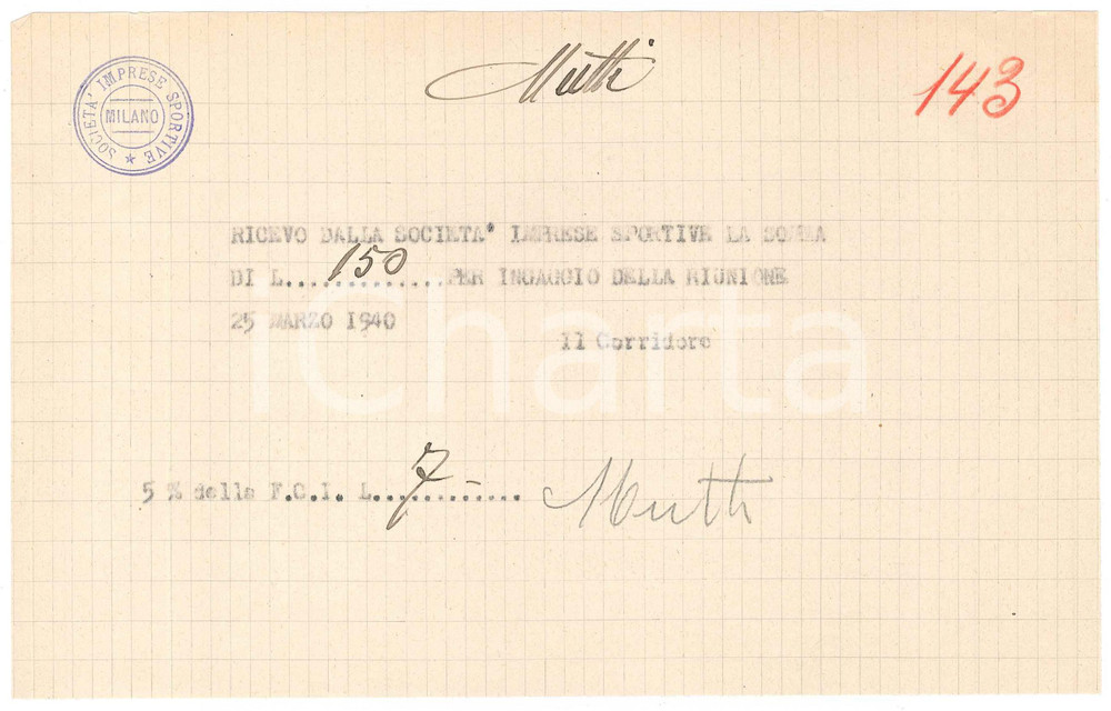 Autografo originale 1940 CICLISMO Milano Vigorelli  Ricevuta Luigi MUTTI per corsa AUTOGRAFO 1