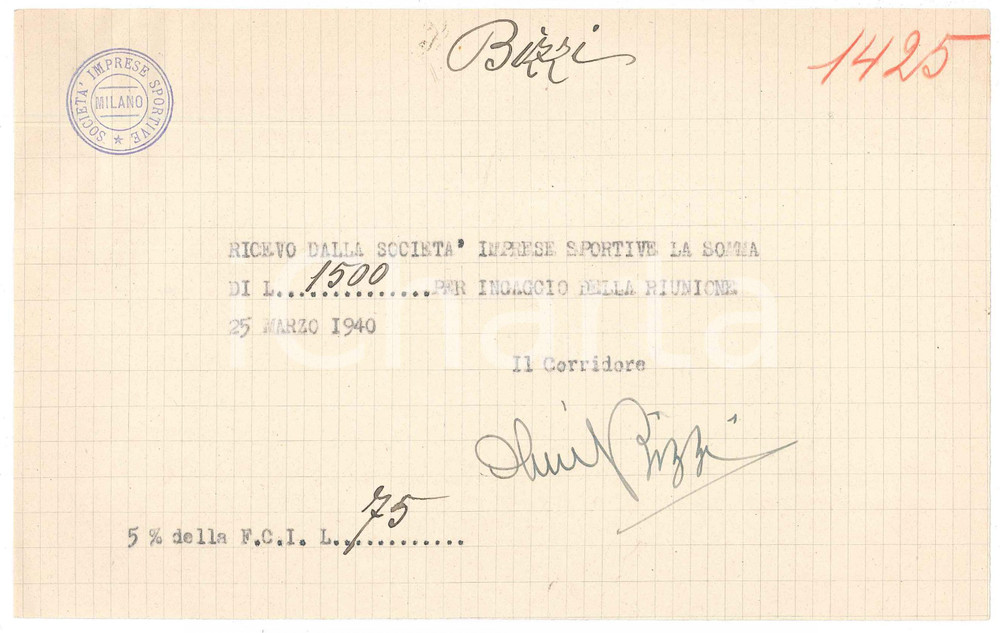 Autografo originale 1940 CICLISMO Milano Vigorelli  Ricevuta Olimpio BIZZI per corsa AUTOGRAFO 1