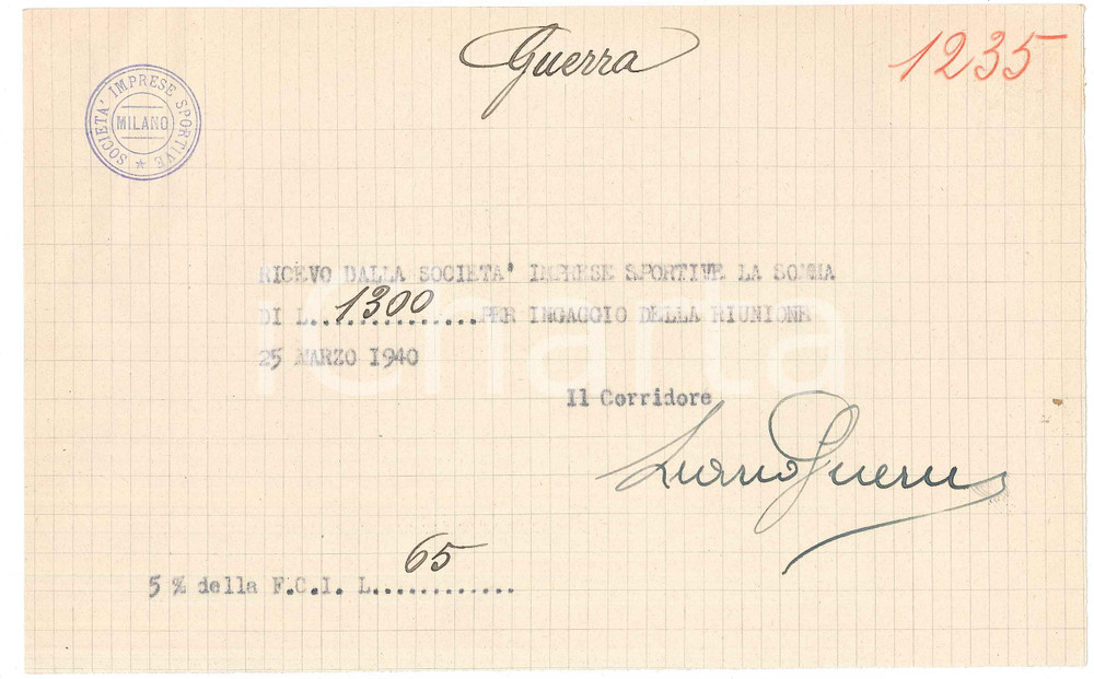 Autografo originale 1940 CICLISMO Milano Vigorelli  Ricevuta Learco GUERRA per corsa AUTOGRAFO 1