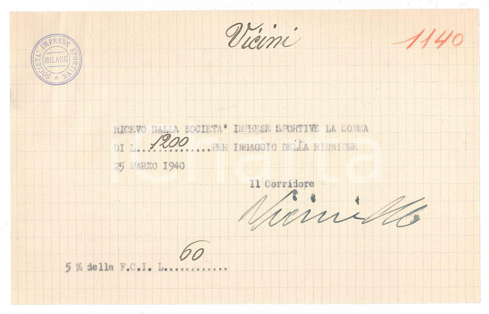 Autografo originale 1940 CICLISMO Milano Vigorelli  Ricevuta Mario VICINI per corsa AUTOGRAFO 1