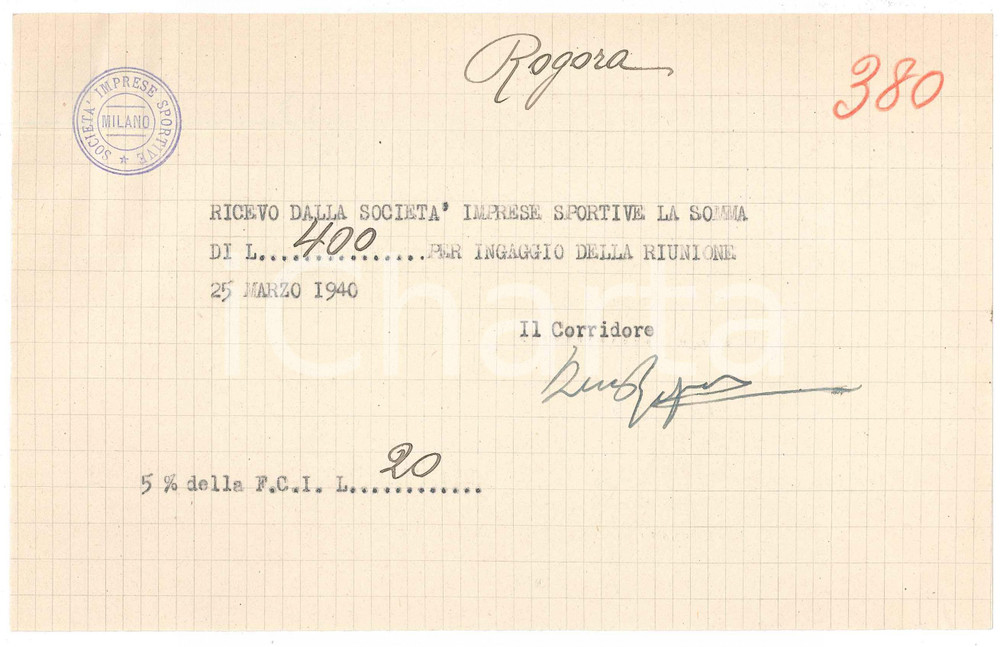 1940 CICLISMO Milano Vigorelli - Ricevuta Bernardo ROGORA per corsa ^AUTOGRAFO