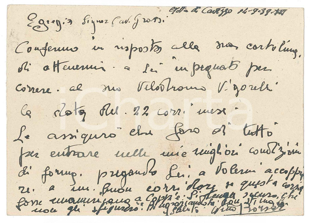 Autografo originale 1938 CICLISMO MOTTA DI CAVEZZO Nino BORSARI su partecipazione a gara  AUTOGRAFO 1