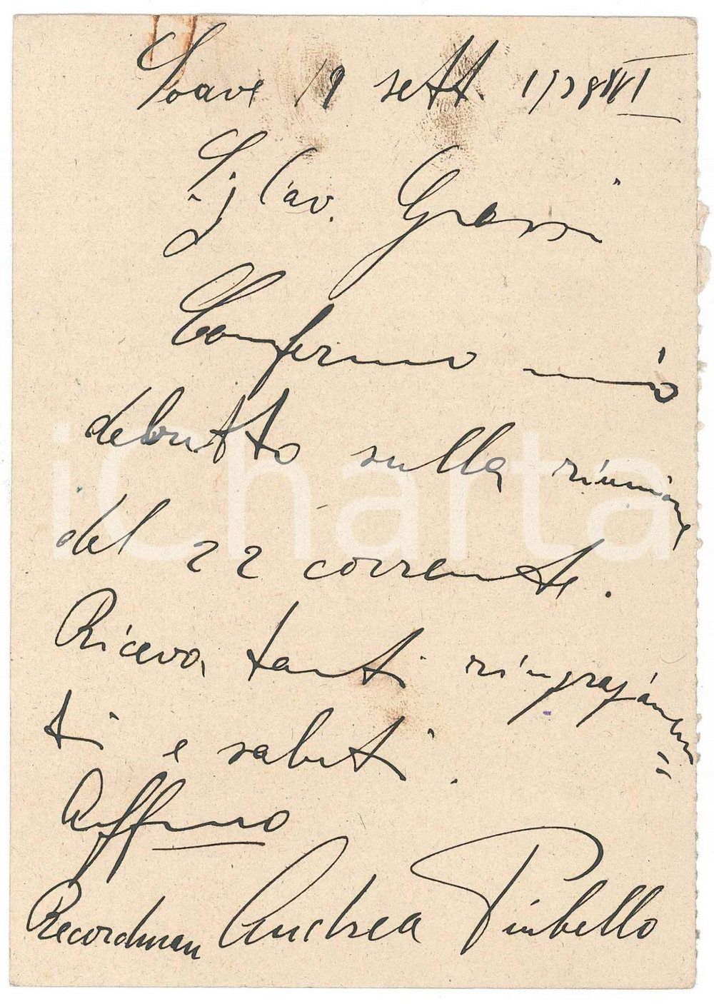 Autografo originale 1938 CICLISMO SOAVE Andrea PIUBELLO conferma debutto al Vigorelli  AUTOGRAFO 1