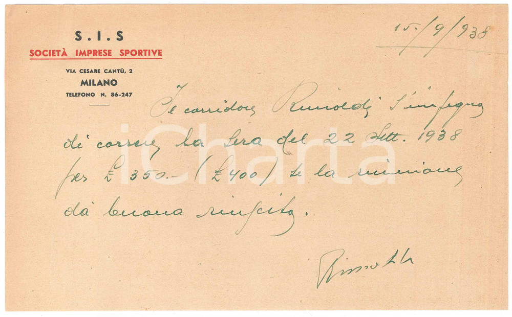 Autografo originale 1938 CICLISMO MILANO Pietro RIMOLDI conferma gara al Vigorelli  AUTOGRAFO 1