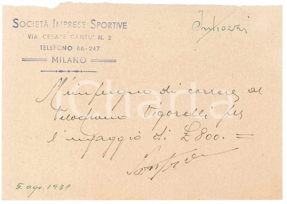 Autografo originale 1938 CICLISMO Augusto INTROZZI conferma gara al velodromo Vigorelli AUTOGRAFO 1