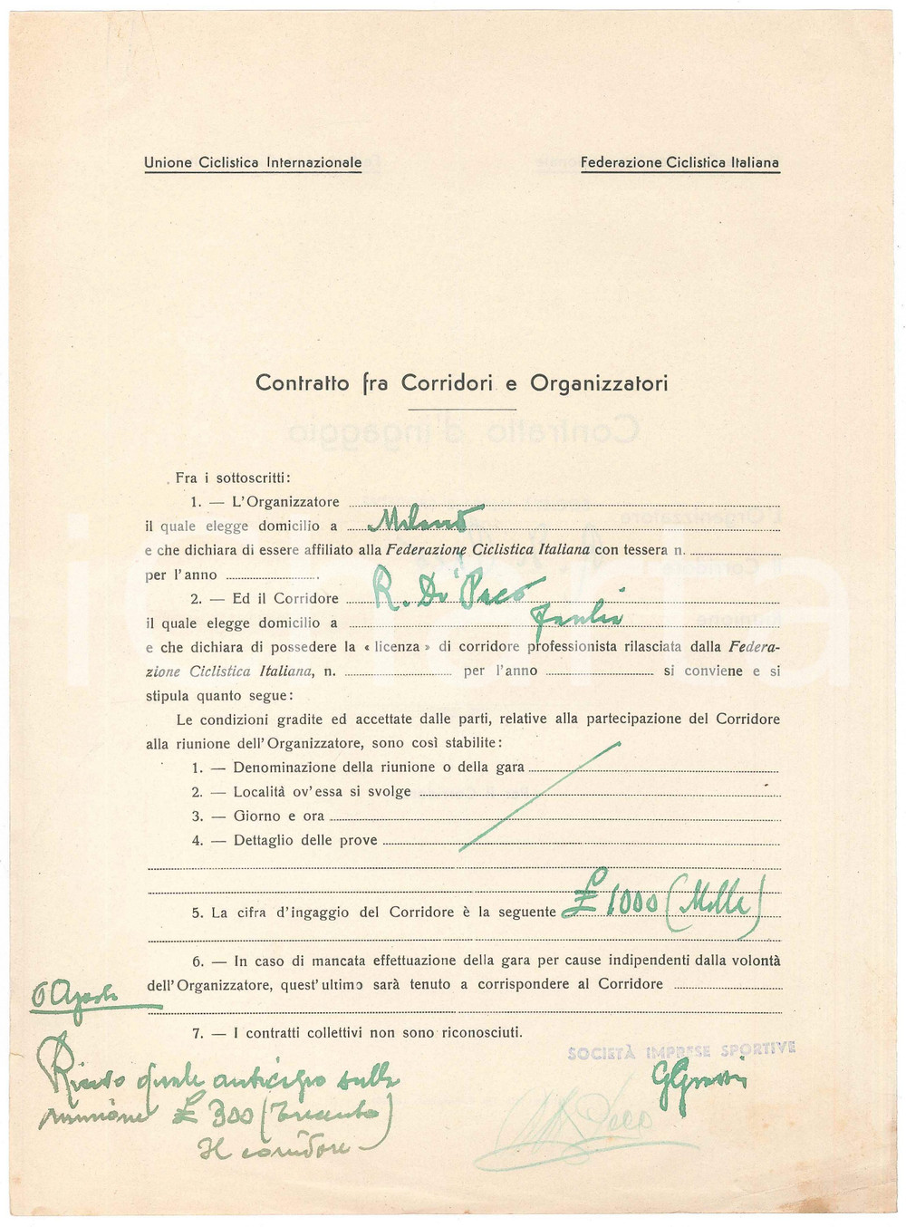 Autografo originale 1940 ca CICLISMO MILANO VIGORELLI  Contratto Raffaele DI PACO  Autografo 1