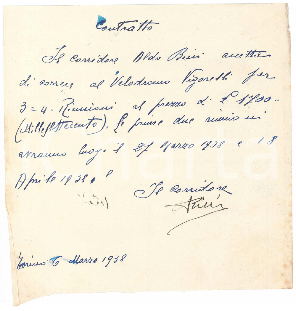 Autografo originale 1938 CICLISMO MILANO VIGORELLI  Contratto Aldo BINI per gara  Autografo 1