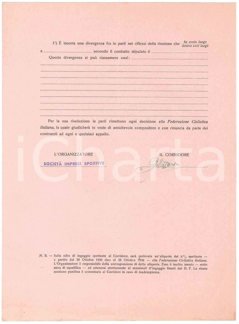 Autografo originale 1938 CICLISMO MILANO VIGORELLI  Contratto ingaggio Bruno PELLIZZARI Autografo 1