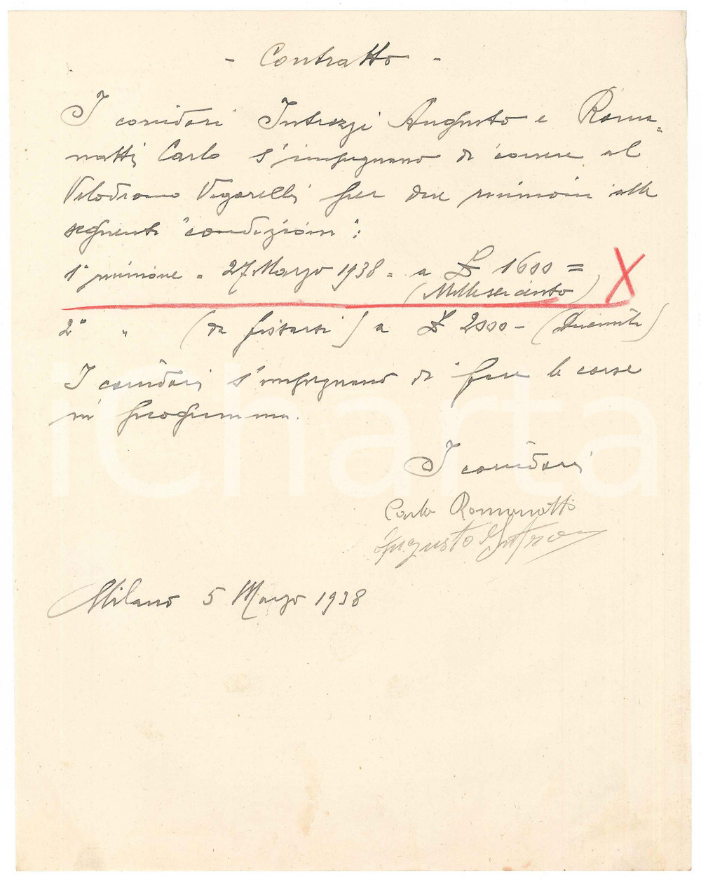 Autografo originale 1938 CICLISMO MILANO  Contratto Augusto INTROZZI Carlo ROMANATTI Autografi 1