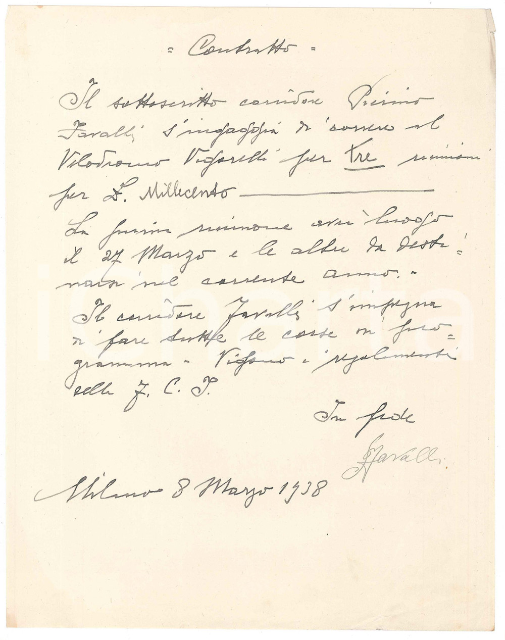 Autografo originale 1938 CICLISMO MILANO VIGORELLI  Contratto Pierino FAVALLI per gara  Autografo 1