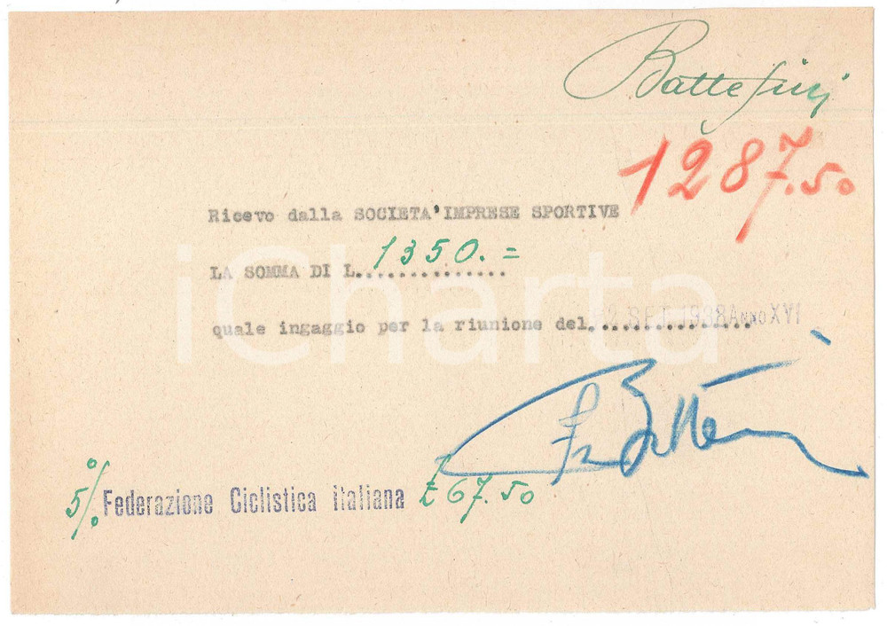 Autografo originale 1938 CICLISMO MILANO Ricevuta Fabio BATTESINI  Gara VIGORELLI AUTOGRAFO 1