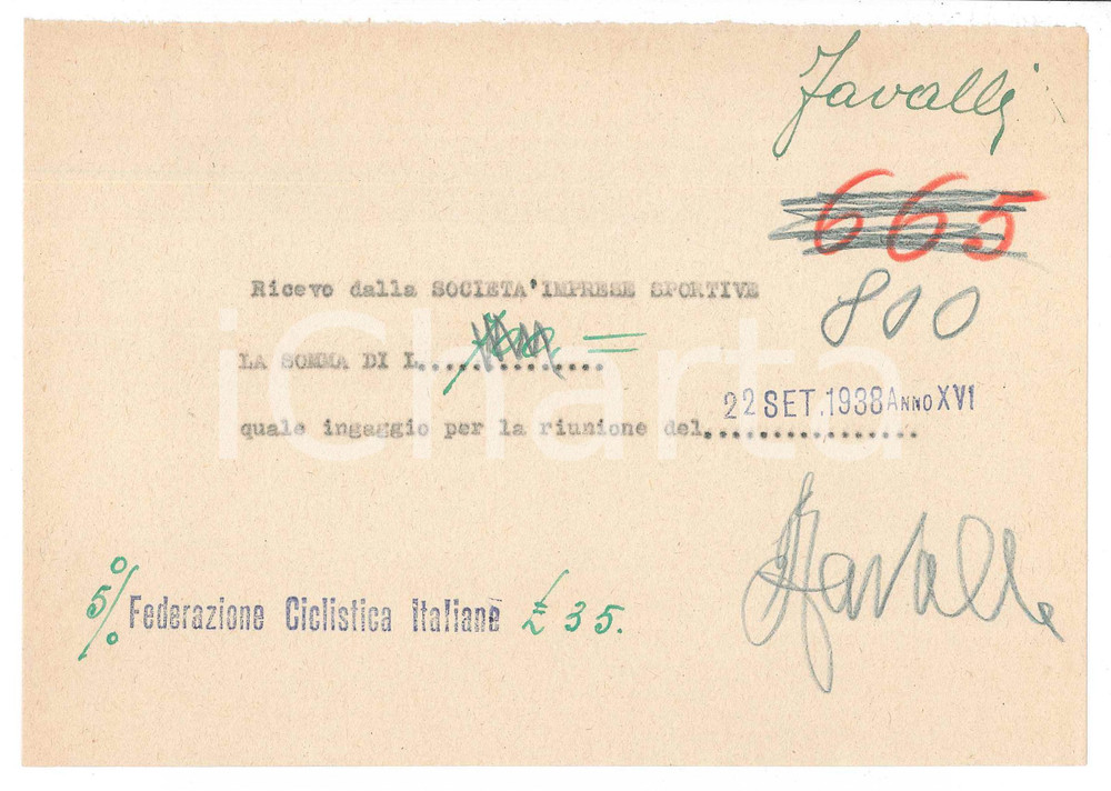 Autografo originale 1938 CICLISMO MILANO Ricevuta Pierino FAVALLI per ingaggio VIGORELLI AUTOGRAFO 1