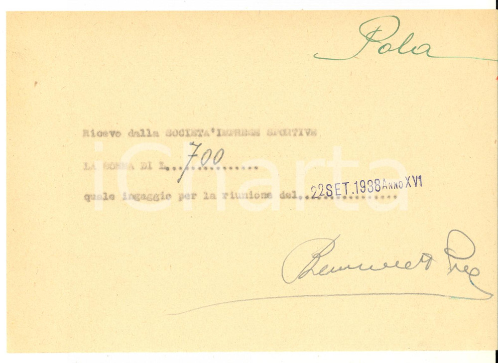 Autografo originale 1938 CICLISMO MILANO Ricevuta Benedetto POLA per ingaggio VIGORELLI AUTOGRAFO 1