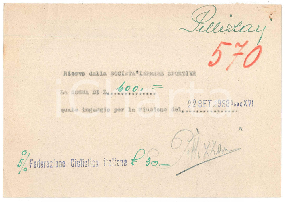 Autografo originale 1938 CICLISMO MILANO Ricevuta Bruno PELLIZZARI ingaggio VIGORELLI AUTOGRAFO 1