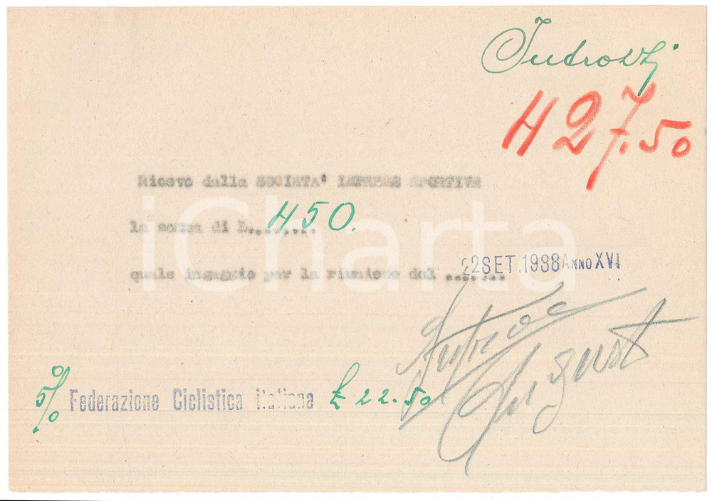 Autografo originale 1938 CICLISMO MILANO Ricevuta Augusto INTROZZI per ingaggio VIGORELLI AUTOGRAFO 1